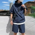 thumbnail image 6 of Xioeram 2Pcs/Set Men Casual Outfit Hooded Zipper Neckline Short Sleeve T-shirt Elastic Waist Wide Leg Shorts Set Solid Color Loose Fit Outfit, 6 of 8