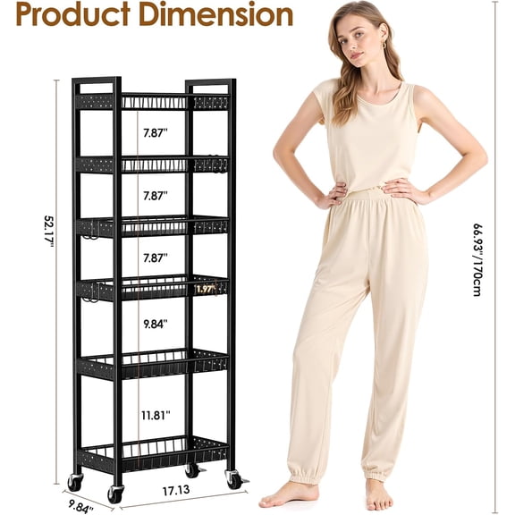 Slim Storage Cart, 6 Tier Rolling Cart with Wheels, Narrow Mobile Utility Shelf Unit Organizer for Kitchen, Bathroom, Laundry Room, Living Room, Narrow Places, 9.84in(W)