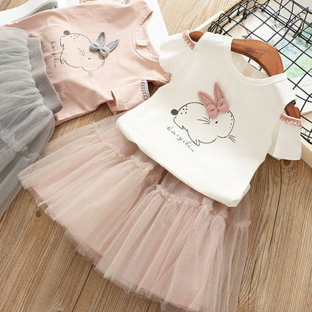 Kids Girl Fashion Suit Outfits Clothing Rabbit T-shirt + Fairy Mesh Tutu Skirt
