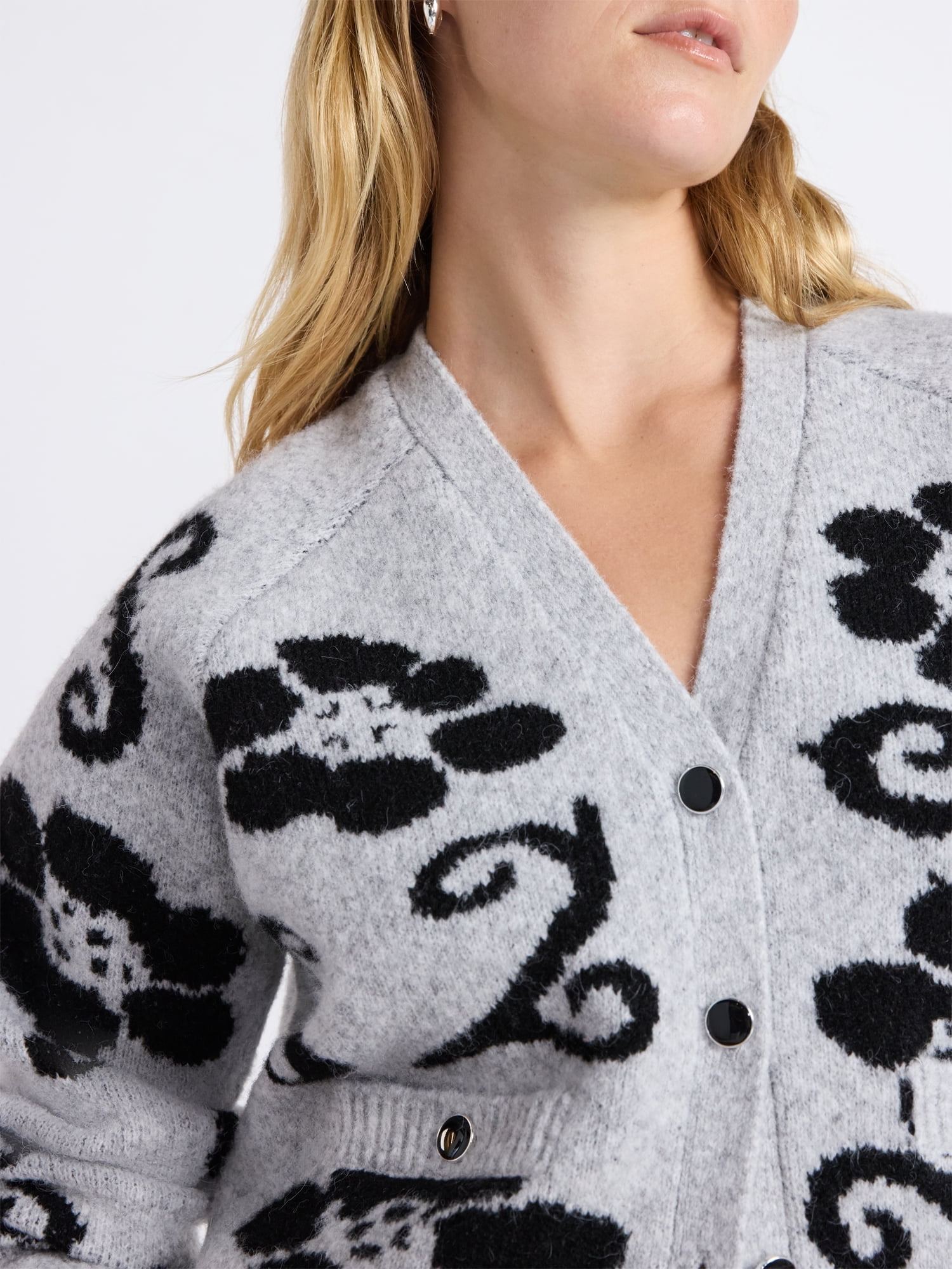 Free Assembly Women’s Floral Pattern V-Neck Cardigan Sweater, Midweight, Sizes XS-XXL