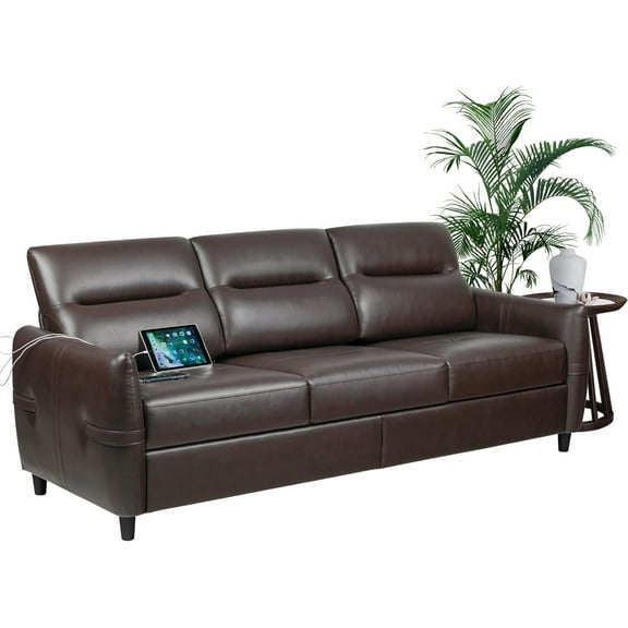 Coewske 85''W 3-Seater Modern Faux Leather Sofa Couch Living Room Office w/ USB Ports Brown