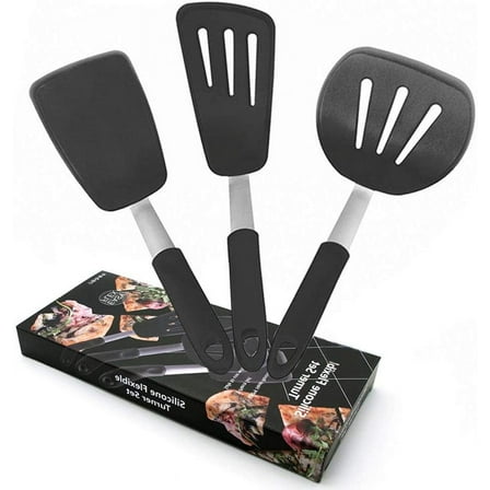 3pcs Smarten Ultra Flexible Silicone RubberTurner Spatula, 600ºF Heat-Resistant (Gray/Black)