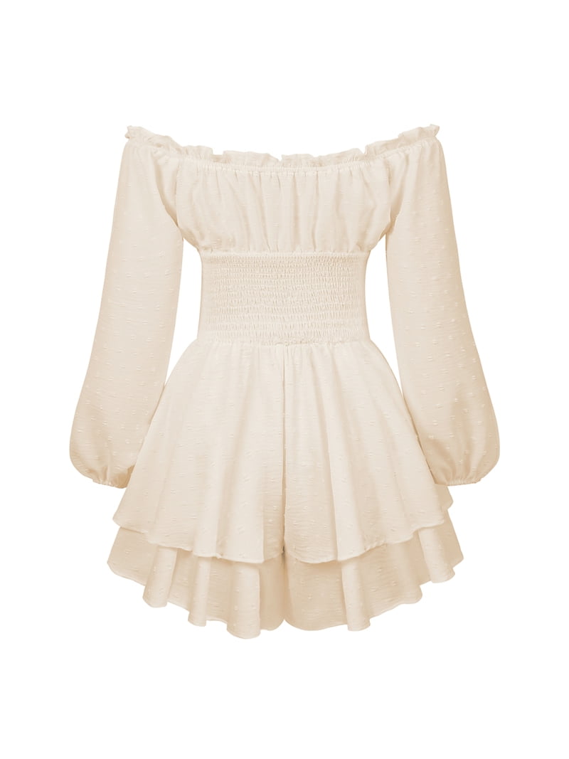 Women Puff Sleeve Off Shoulder Ruffle Romper Dress Flowy Layered A-Line Pirate Jumpsuit Playsuits