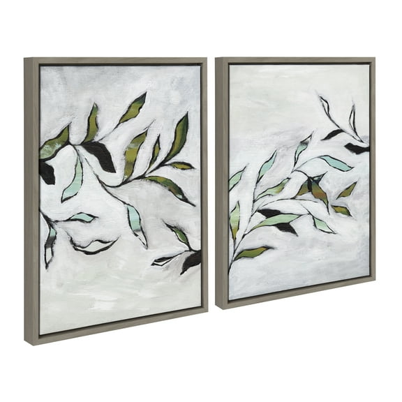 Kate and Laurel Sylvie Branch I and II Framed Canvas Wall Art Set by Nikita Jariwala, 2 Piece Set 18x24 Gray, Modern Soft Nature Brushstroke Leaf Branches Art Set for Wall