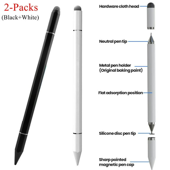 (2-PACK) ELEHOLD 3-in-1 Metal Magnetic Capacitive Stylus iPad Pencil Universal Stylus Pen Sensitive Touch for iPhone/iPad/Android/Microsoft/Surface All Capacitive Touchscreen,White,Black White