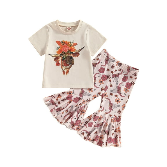 Bagilaanoe 2pcs Toddler Baby Girls Long Pants Set Print Short Sleeve T-Shirts Tops Flare Trousers 6M 12M 18M 24M 3T 4T Kids Casual Outfits