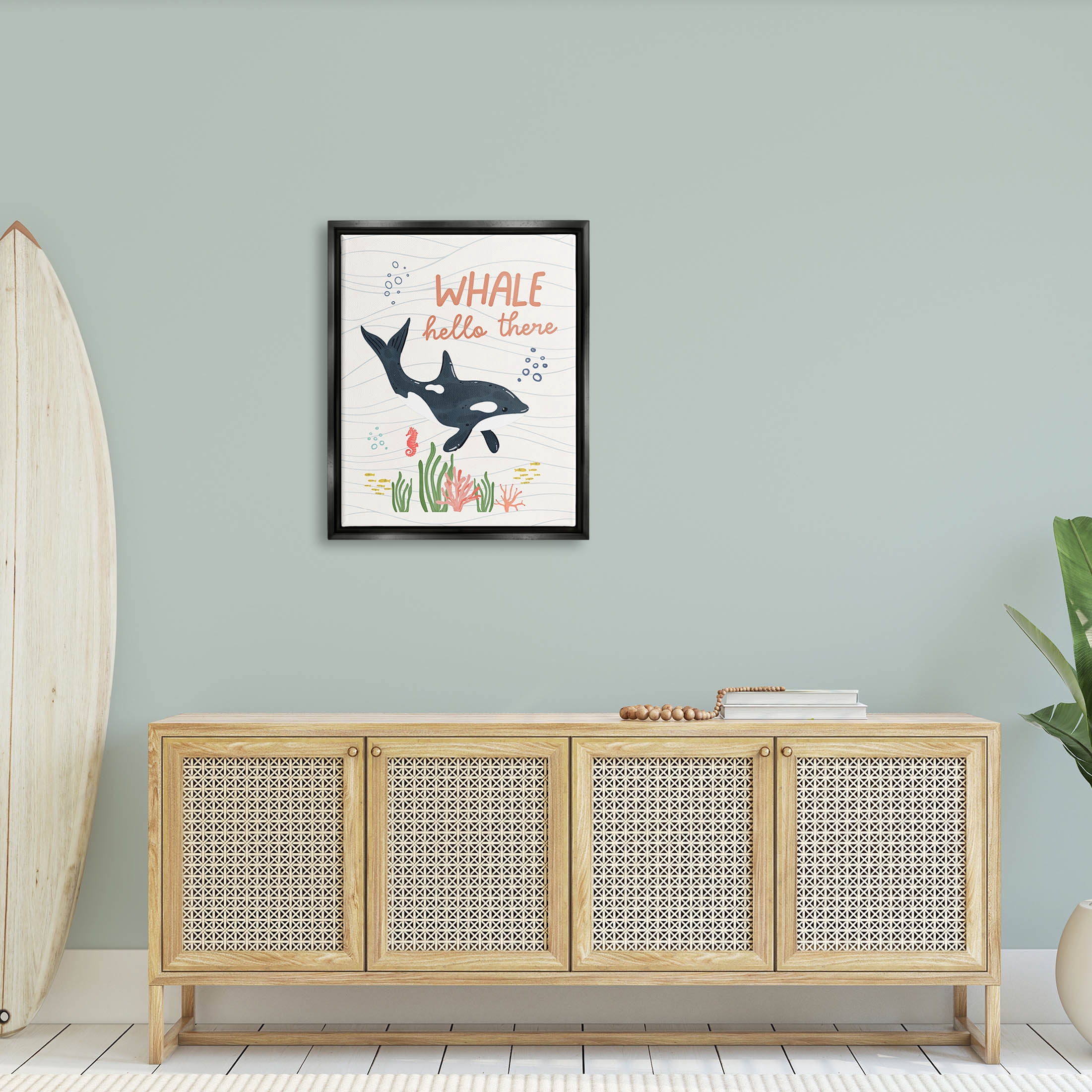 Stupell Industries Whale Hello There Orca Graphic Art Jet Black Floating Framed Canvas Print Wall Art, Design by Nina Blue