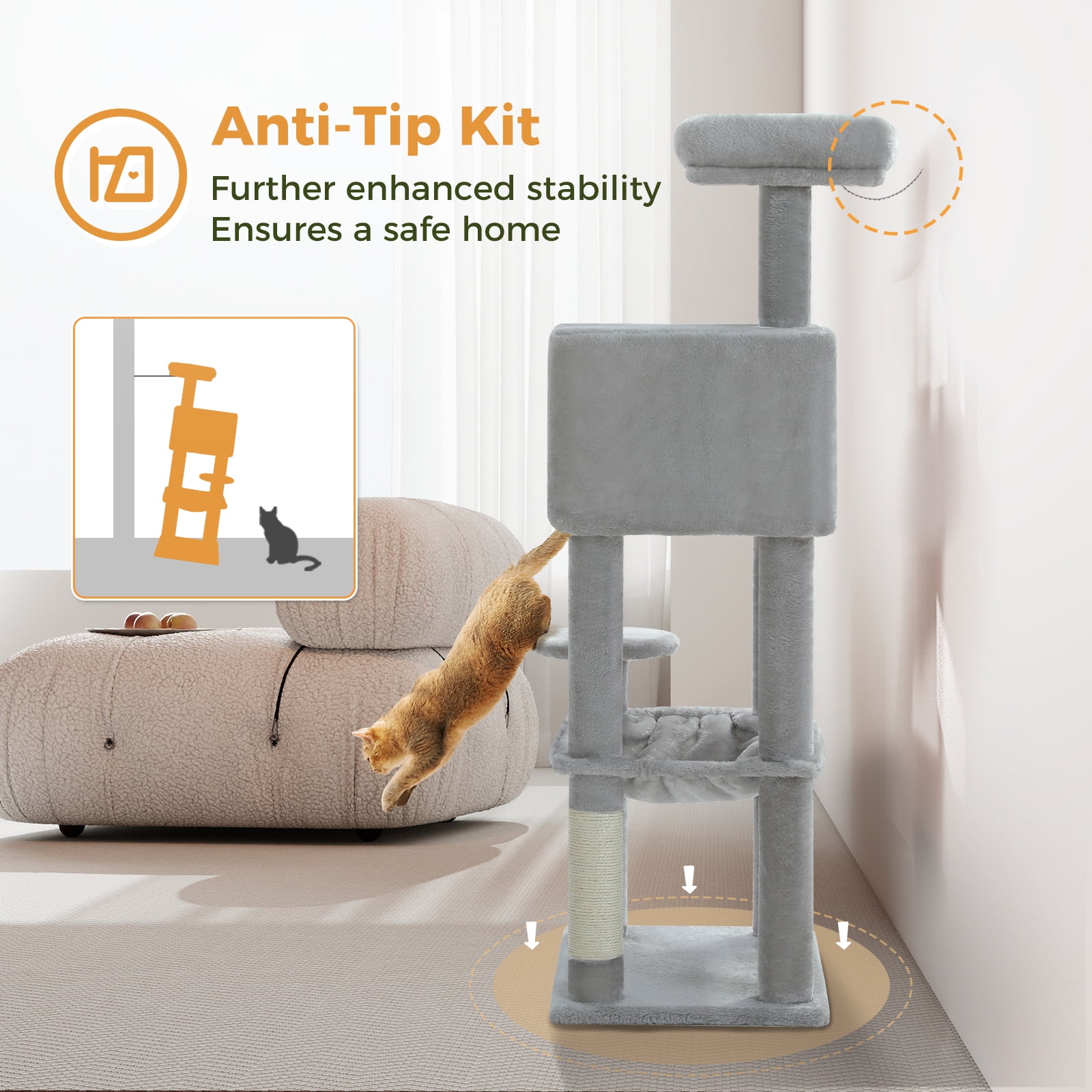 Pefilos 44" Cat Tree Tower for Indoor Cats, 5-Level Cat Condo with Large Hammock, Big Top Perch and 4 Sisal Covered Scratching Pos, Gray