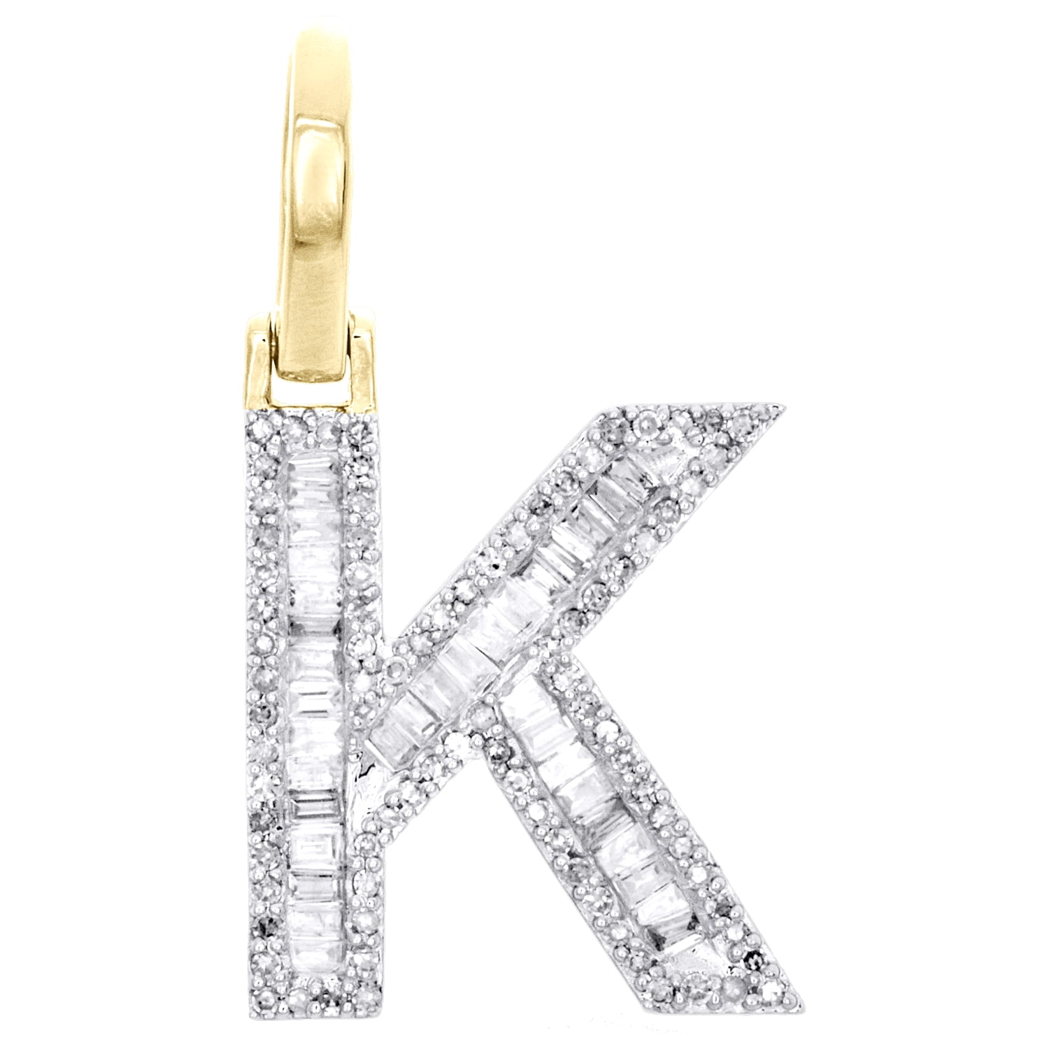 10K Yellow Gold Baguette Diamond Letter K Mini Pendant 1" Initial Charm 0.45 CT.