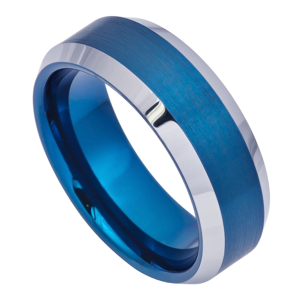 Tungsten Ring Men Women Wedding Band Two-tone Blue IP Plated Hammered Finish 8mm 