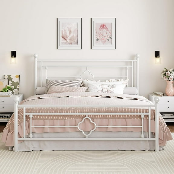 14 Inches King Size Metal Platform Bed Frame/Vintage Iron-Art Headboard and Footboard/Mattress Foundation for Storage/No Box Spring Needed/Noise-Free/Easy Assembly/White