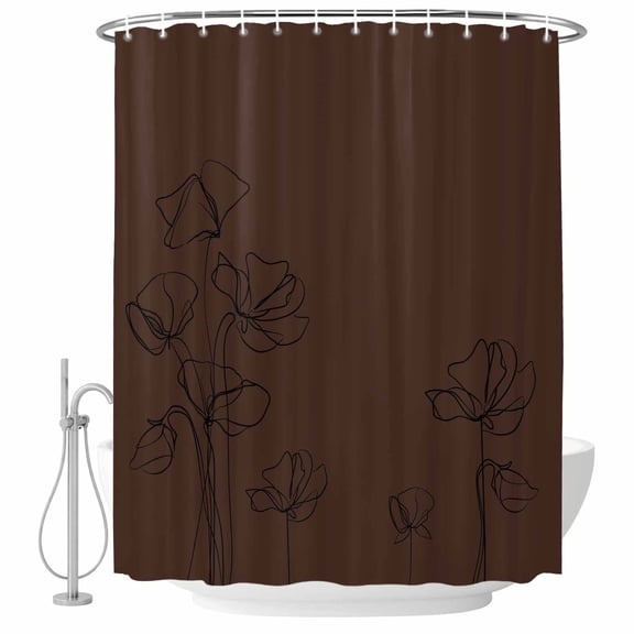 Brown Flowers Shower Curtain, Waterproof Shower Curtains for Bathroom, Japanese Abstract Floral Plants Simple Art Washable Fabric Bathtub Curtain Set Bath Decor with 12 Hooks 48"x72"