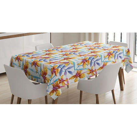 

Orchids Tablecloth Pattern with Orchid Heliconia Flowers and Palm Leaves on Black and White Stripes Rectangular Table Cover for Dining Room Kitchen 60 X 90 Inches Multicolor by Ambesonne