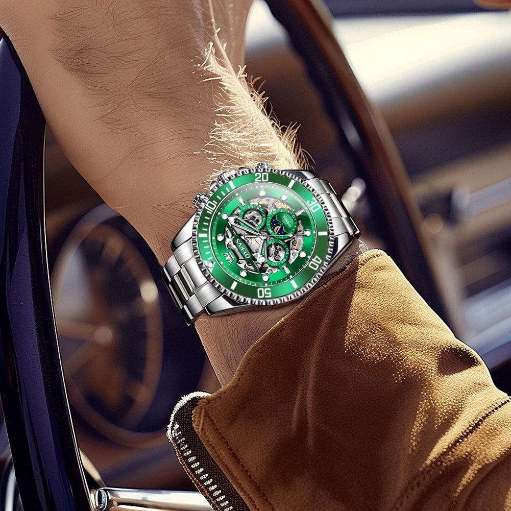 OLEVS Automatic Watches for Men Skeleton Self Winding Mechanical Fashion Dress Chronograph Moon Phase Stainless Steel Waterproof Luminous Mens Wrist Watches Gift Reloj Para Hombre