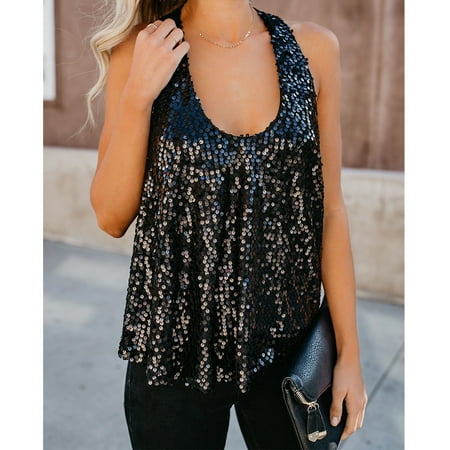 - Women Summer Sleeveless Tops Sequin T-shirt Tank Tops Loose Crew Neck Blouse Black S