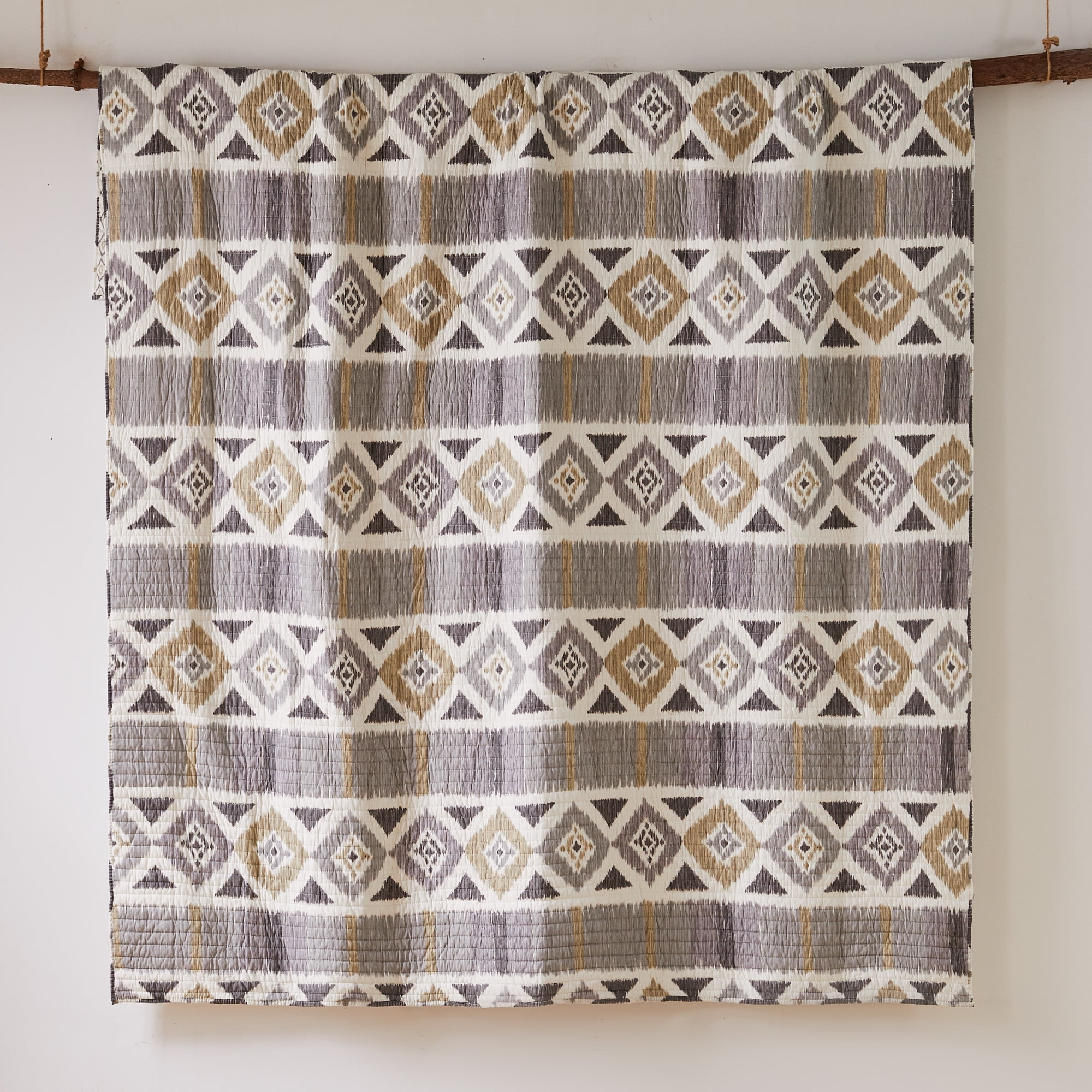 Levtex Home - Santa Fe Quilt - Ikat Pattern in Soft Grey, Cream and Tan - Full/Queen Quilt Size (88 x 92in.) - Reversible Pattern - Cotton - Shams Sold Separately
