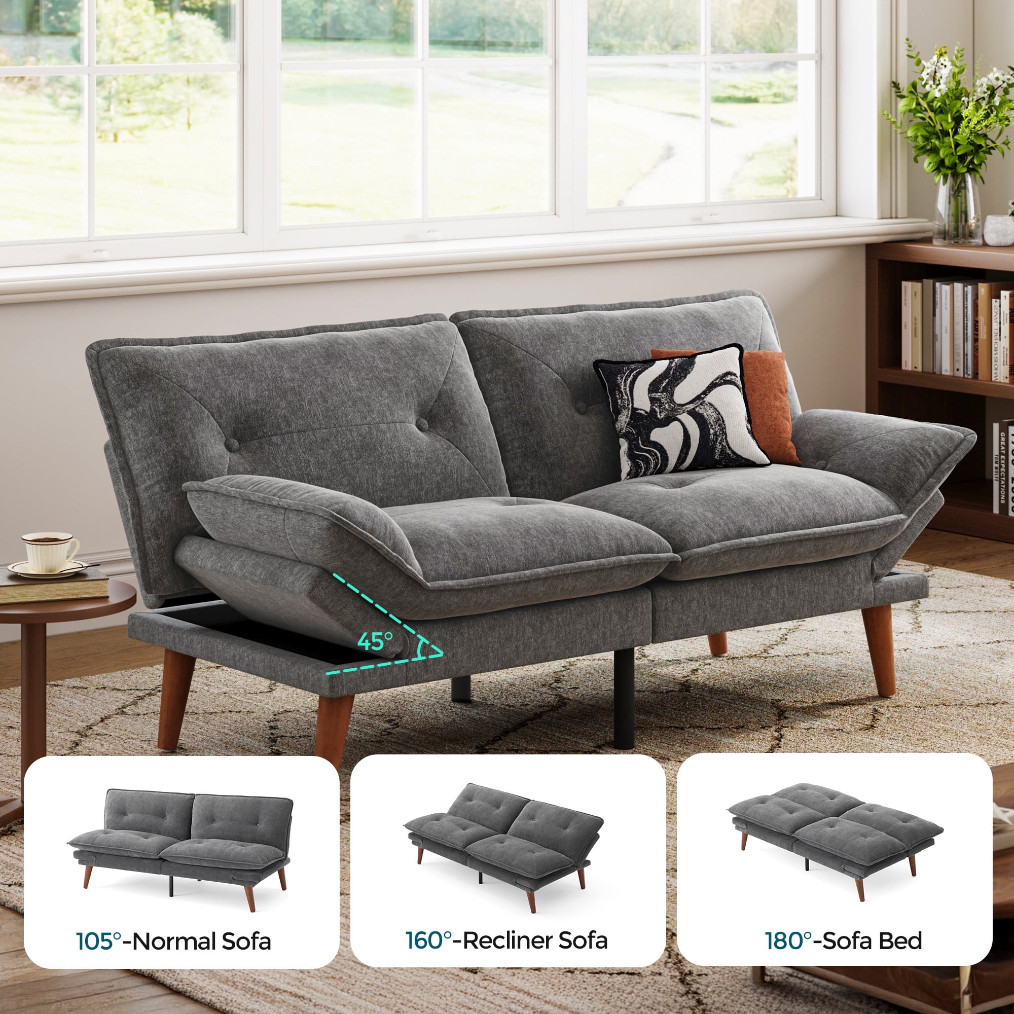 LINSY HOME  Futon Sofa Bed with Adjustable Armrests, Loveseat for Small Living Place and Apartment, Grey