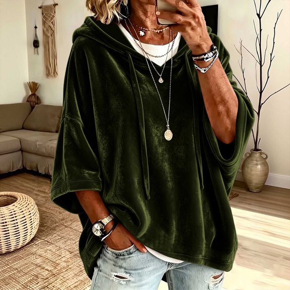 Gamivast Velvet Hoodie Pullover for Women Sweatshirts Half Sleeve Drop Shoulder Drawstring Velour Tops Casual Loose Fit Comfy Y2K Fall Loungewear Green S