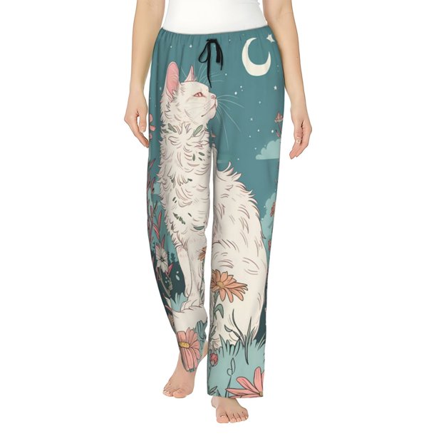 Fotbe Celestial Cat And Flowers Pantalones de Pijama para Mujer, Pantalones de Dormir, Pantalones Pj con Cordón y Bolsillos-Small
