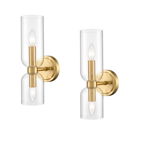 Claxy 2-Light Gold Wall Sconce with Cylinder Clear Glass Shade 2 Pack