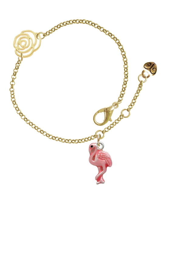 Silvertone Hot Pink Flamingo Gold-tone Rose Link Chain Bracelet, 6.25"+1.75" Extender