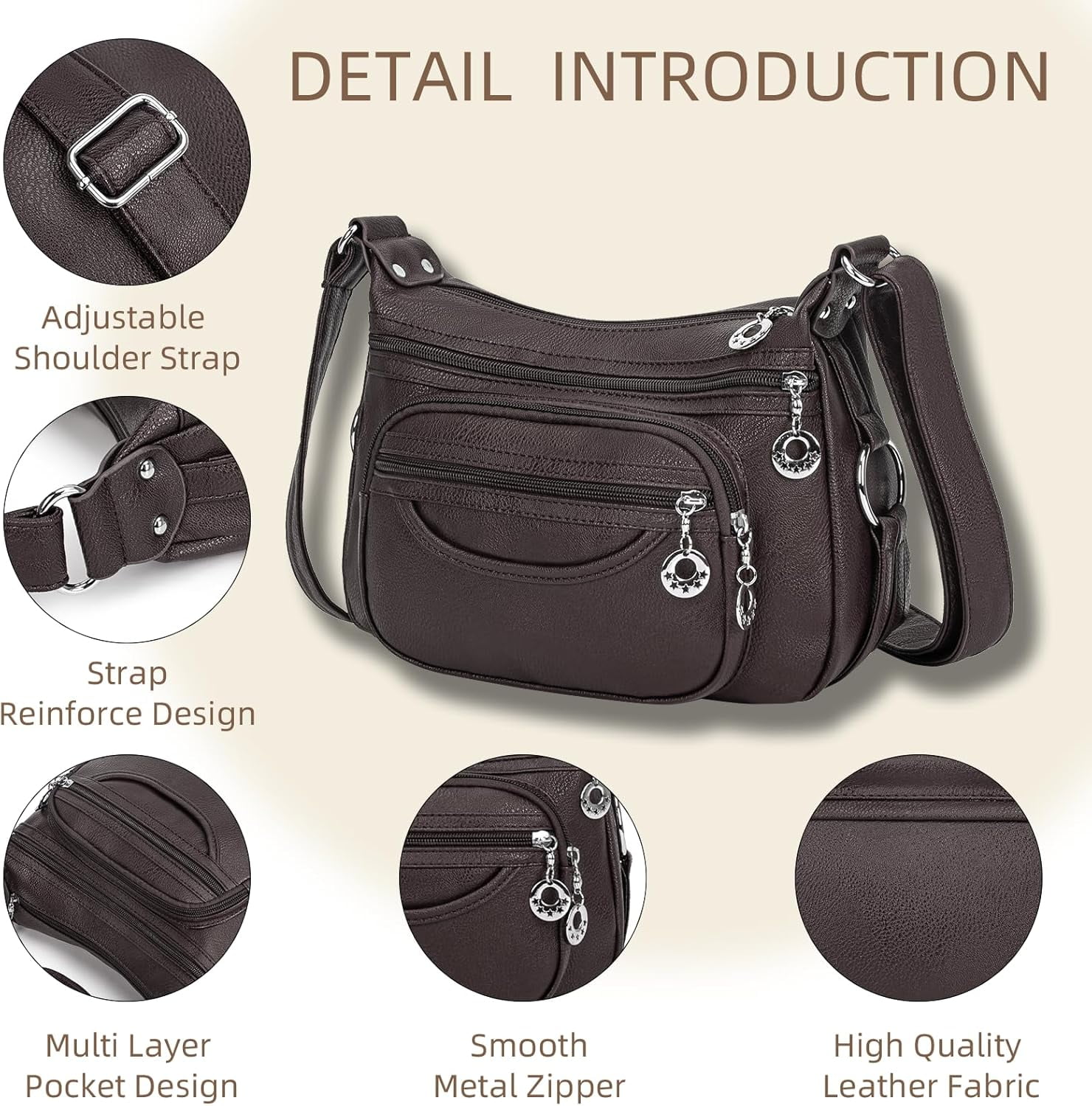 Crossbody Bag for Women Multi Pocket PU Leather Shoulder Handbag Large Capacity Lightweight Purse for Daily Use