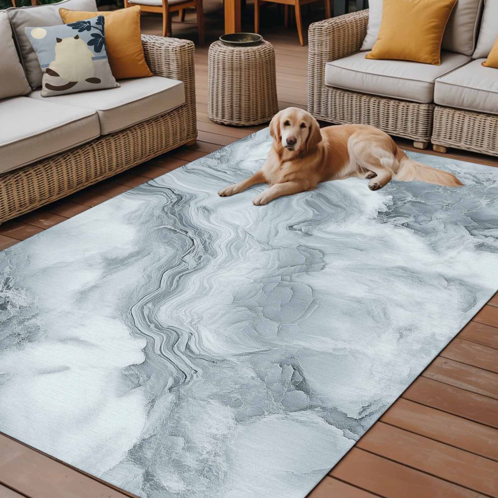 Outdoor Rug 5x8ft Abstract Gray White Marble Large Area Rug Wave Modern Art Indoor Outdoor Carpet Outdoor Rugs Mats for Patio Camping,RV,Front Door, Outside Decor