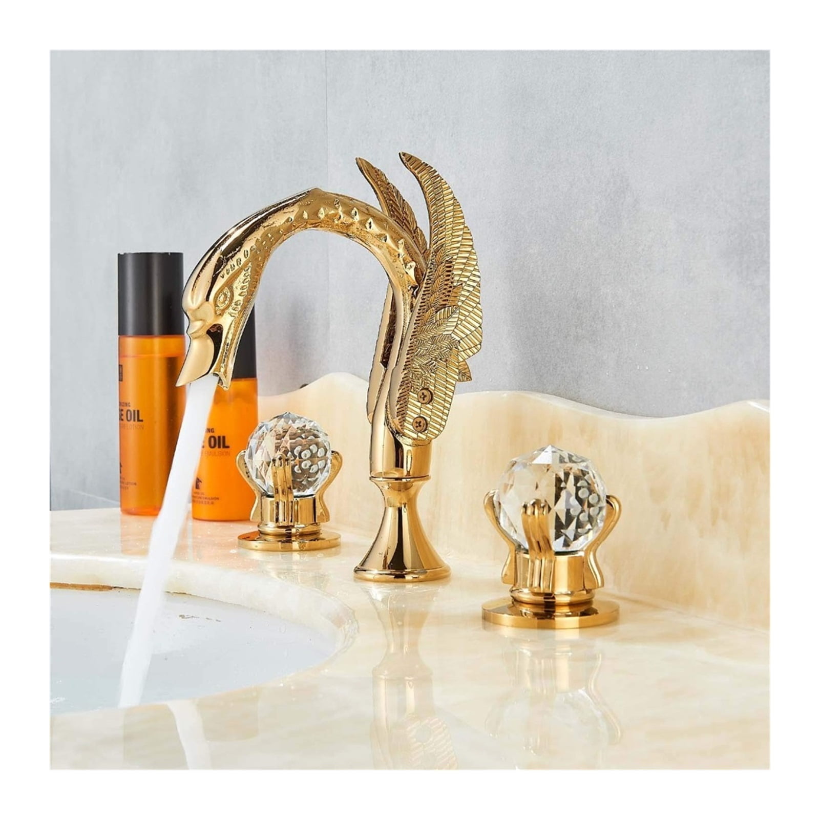 Golden Bathroom Basin Faucet Sink Tap Polished Gold Bathtub Swan Two Crystal Handwheel Elegant Mixer Tap Widespread