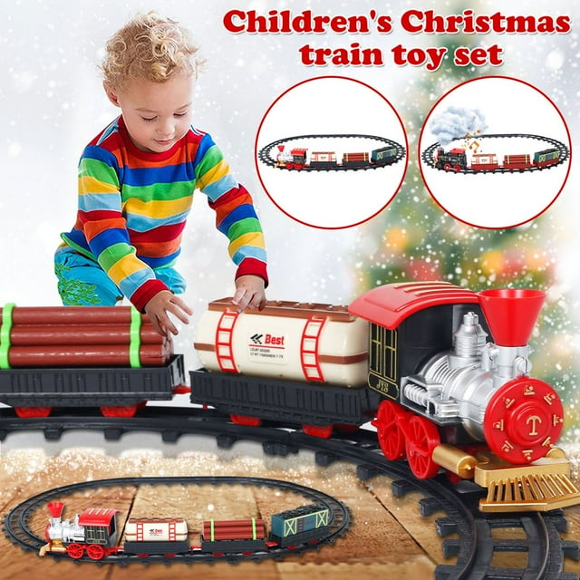 PENGXIANG Electric Train Toy Rail Car Set with Music and Realistic Smoke Effect - Include Locomotive Engine 3 Cars Carriage and Tracks Battery-Powered Train Toy Gift for kids Boys Girls