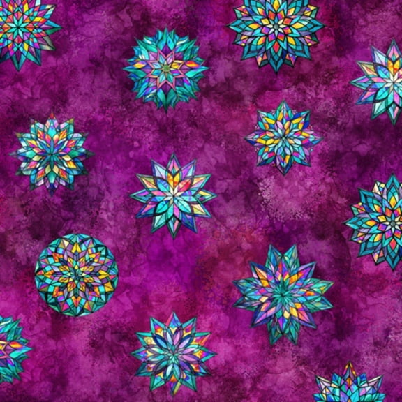 Radiant Reflection Stained Glass Stars Magenta Cotton Fabric (Yard)