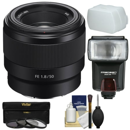 Sony Alpha E-Mount FE 50mm f/1.8 Lens with 3 Filters + Flash + Diffuser + Kit for A7, A7R, A7S Mark II (Best Sony A7 Ii Lenses)