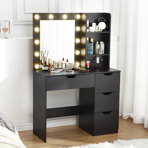 Kicctian Black Modern Vanity Desk with LED Mirror & Charging Station - Makeup Dressing Table Featuring 4 Drawers & 3-Tier Open Shelves