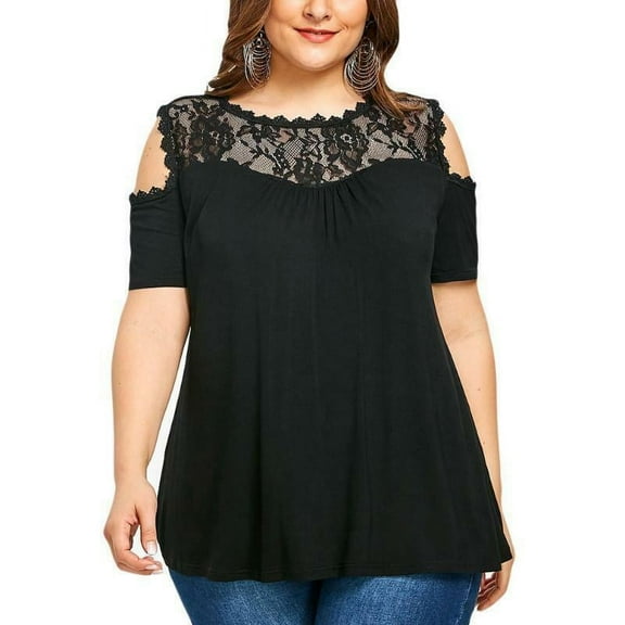 Feitong Fashion Womens Blouse Cold Shoulder Lace Short Sleeve Size XL Black