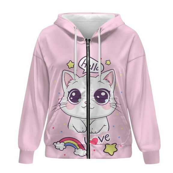 SCRAWLGOD Cat Women Zipper Hoodies for Women Lightweight Zip Up Sweater with Hood Long Sleeve Women Oversized Sweatshirt Soft Plus Size XS Womens Graphic Hoodies for Party