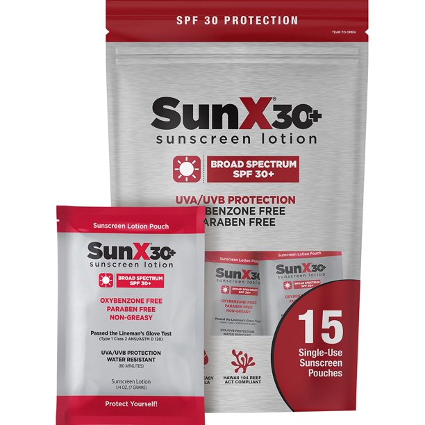 CoreTex Sun X 30+ SPF paquetes de protector solar de amplio espectro con bolsa de viaje resellable – Paquete de 15 octinoxato de parabeno oxibenzona y protector solar sin aceite – Resistente al agua y