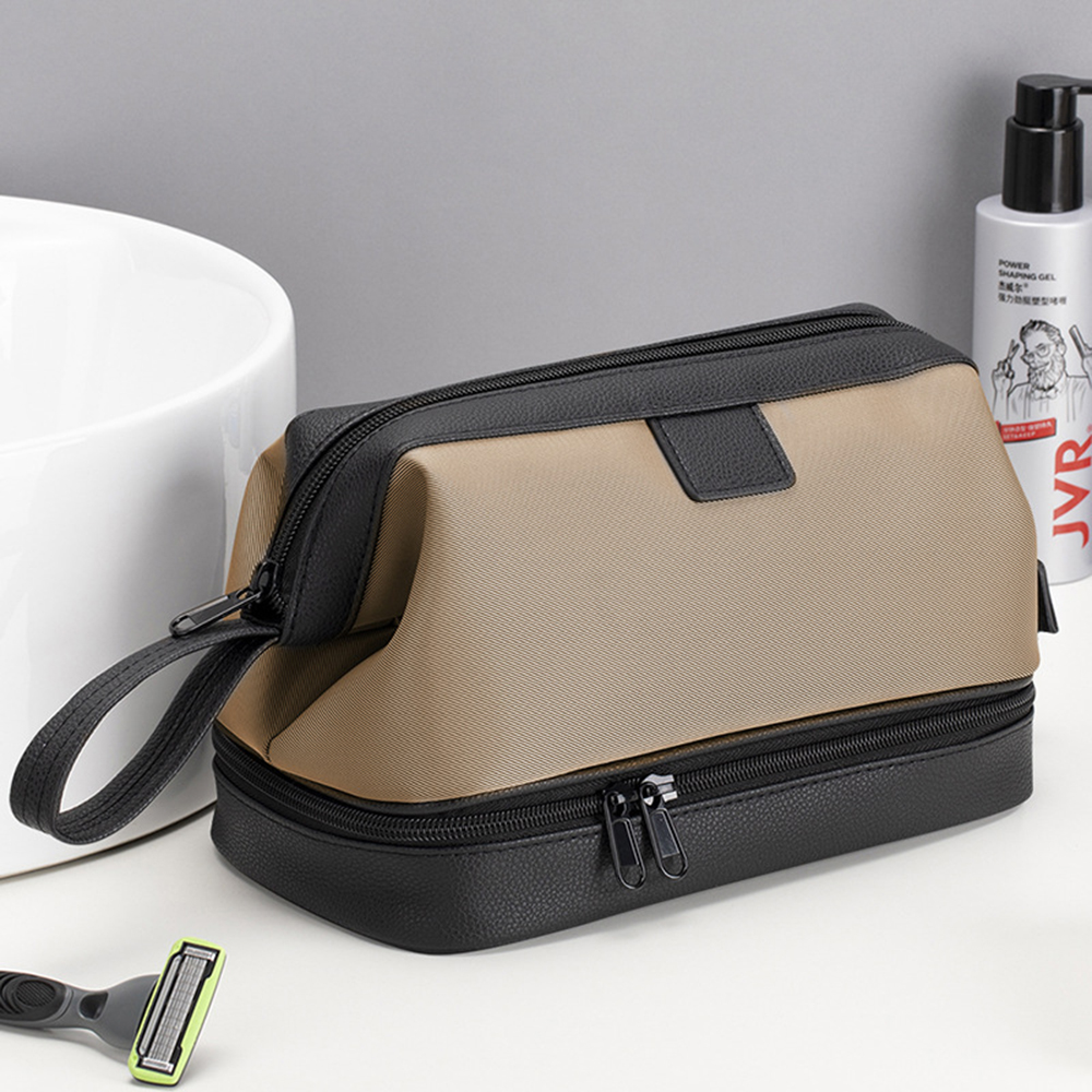 Mens Travel Dopp Kit Toiletry Bag , Wet & Dry Shower Shaving Pouch,PU Leather Waterproof Toileties Organizer-Brown