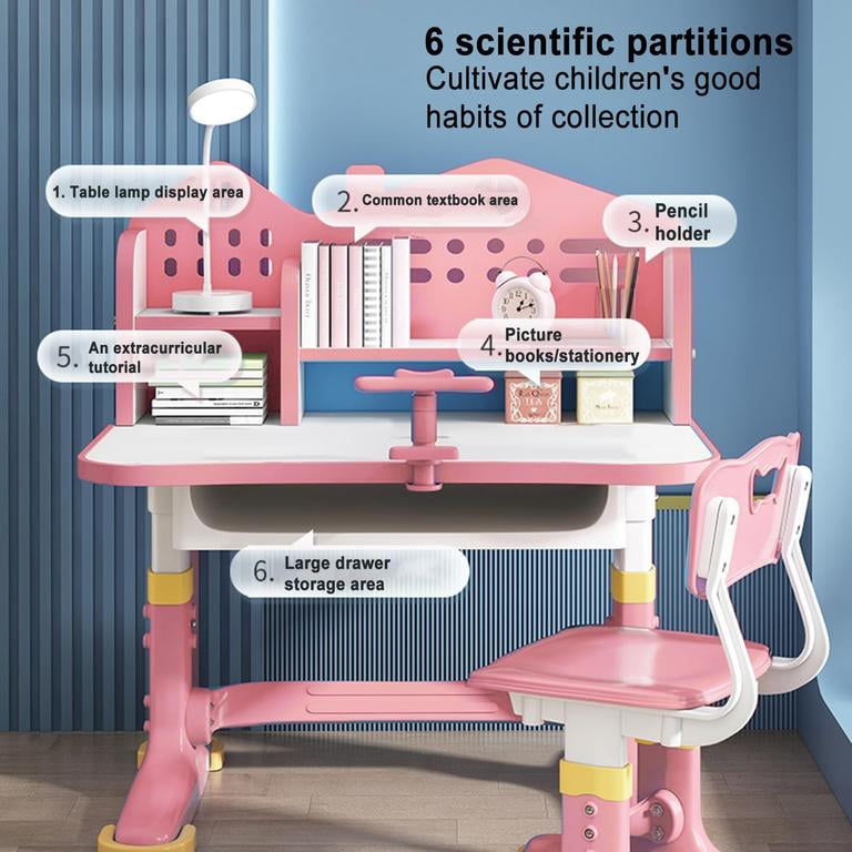 YNCE Kids Functional Desk and Chair Set, Height Adjustable Children School Study Desk with Storage Drawer for Boys Girls (Pink #1)