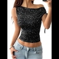 thumbnail image 3 of Blusas de Lentejuelas Brillantes de un Solo Hombro para Mujer, Blusas Asimétricas Fruncidas con Brillo, Camisas de Fiesta con Brillo Que Adelgazan. Negro S, 3 of 10