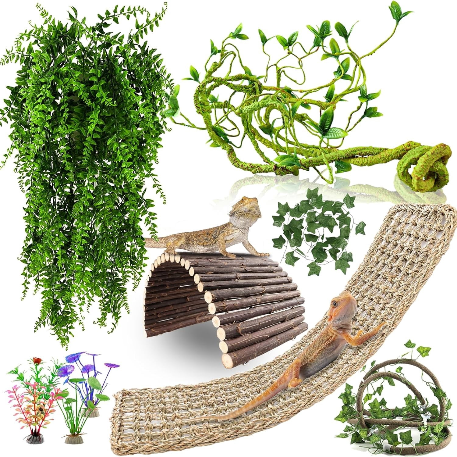 10Pcs Bearded Dragon Tank Accessories, Reptile Hammock Plants Bridge Jungle Clim