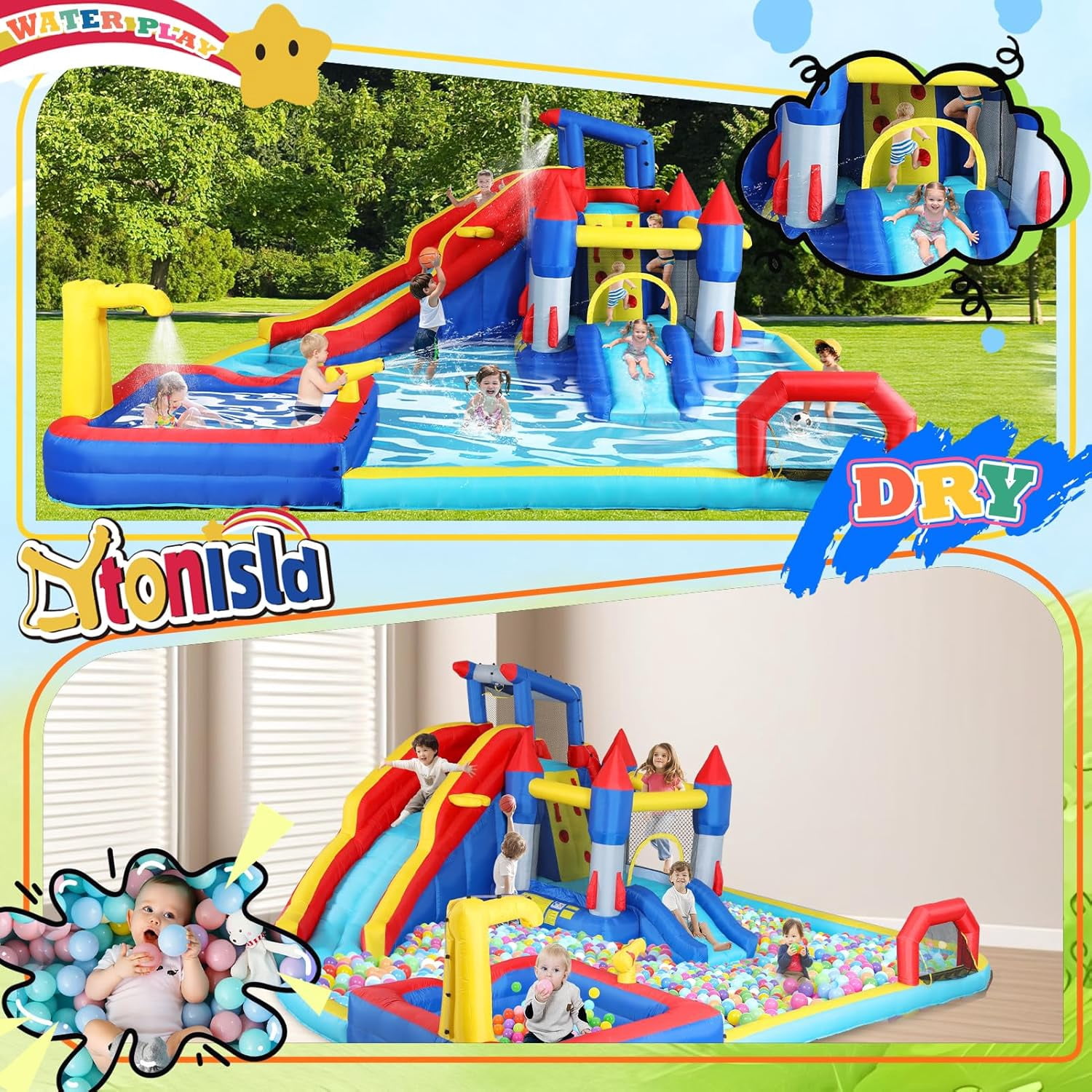 ZOGYMOZ Double Slides Water Park, Inflatable Water Slide Bounce House with Blower, Pool & Basketball & Football Games for Kids Backyard, 227*205*97 inch