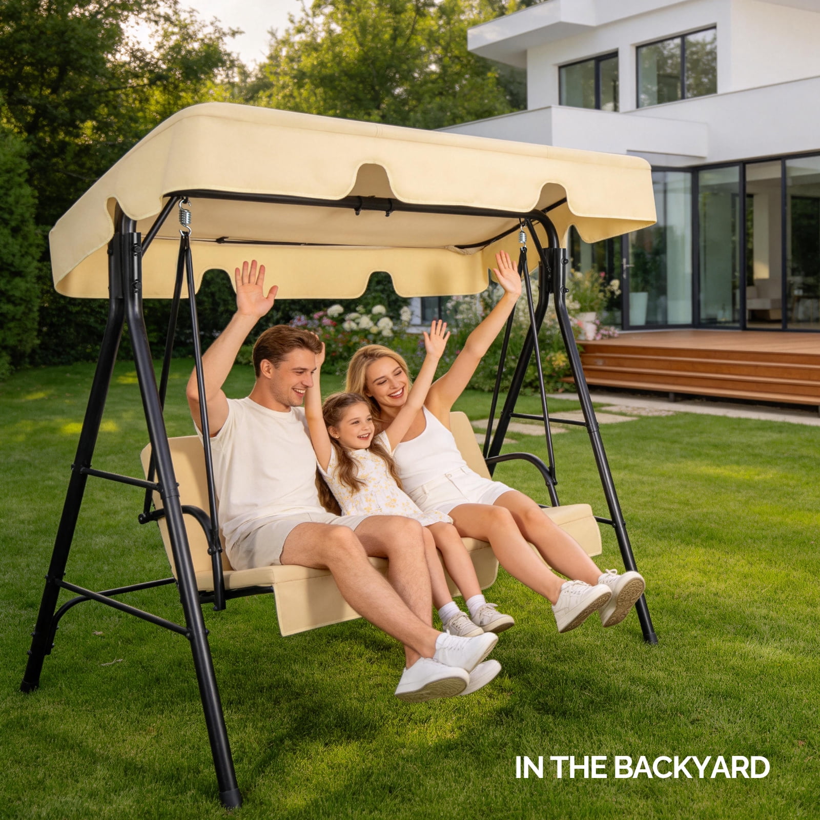 Outdoor Swing Set with Cushion & Sunshade Canopy 250KG Weight Capacity Iron Frame Oxford Cloth Patio Swing for Garden Backyard Balcony
