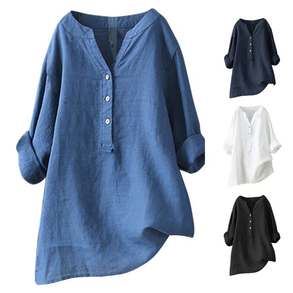 RMGVDSD Women's Blouses Loose Button Down Long Sleeve Tops Casual Collar V Neck Henley Shirts Solid Color Long Shirt Woman Blouse