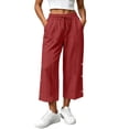 thumbnail image 2 of Karymi Halara Pants Women Cropped Wide Leg Pants, Drawstring Elastic High Waist Capri Trousers, Side Button Decor Straight Casual Pants with Pockets, 2 of 7