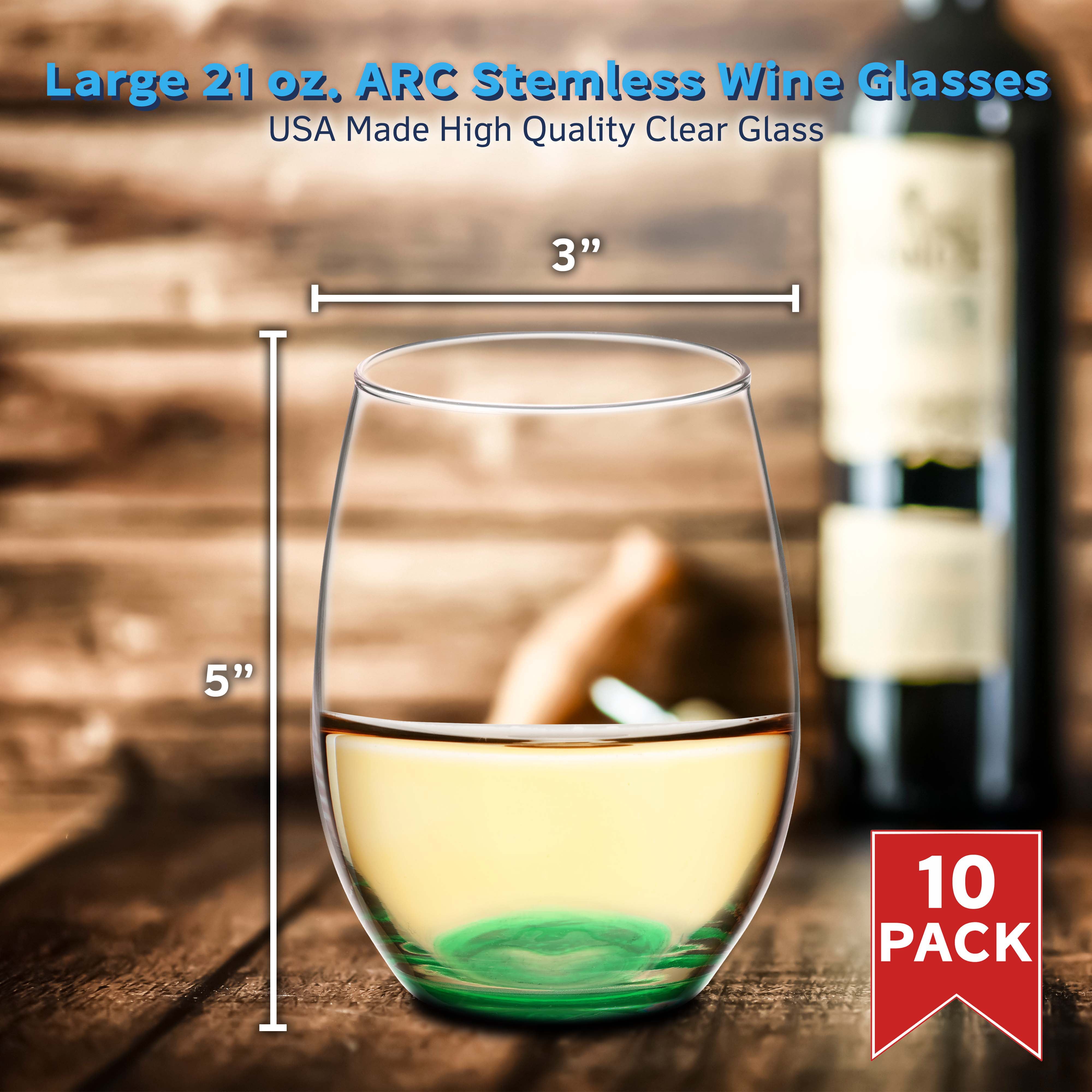 10 ARC Stemless Wine Glasses Set, 21 oz. - Chardonnay, Cabernet, Merlot, Sauvignon - Green