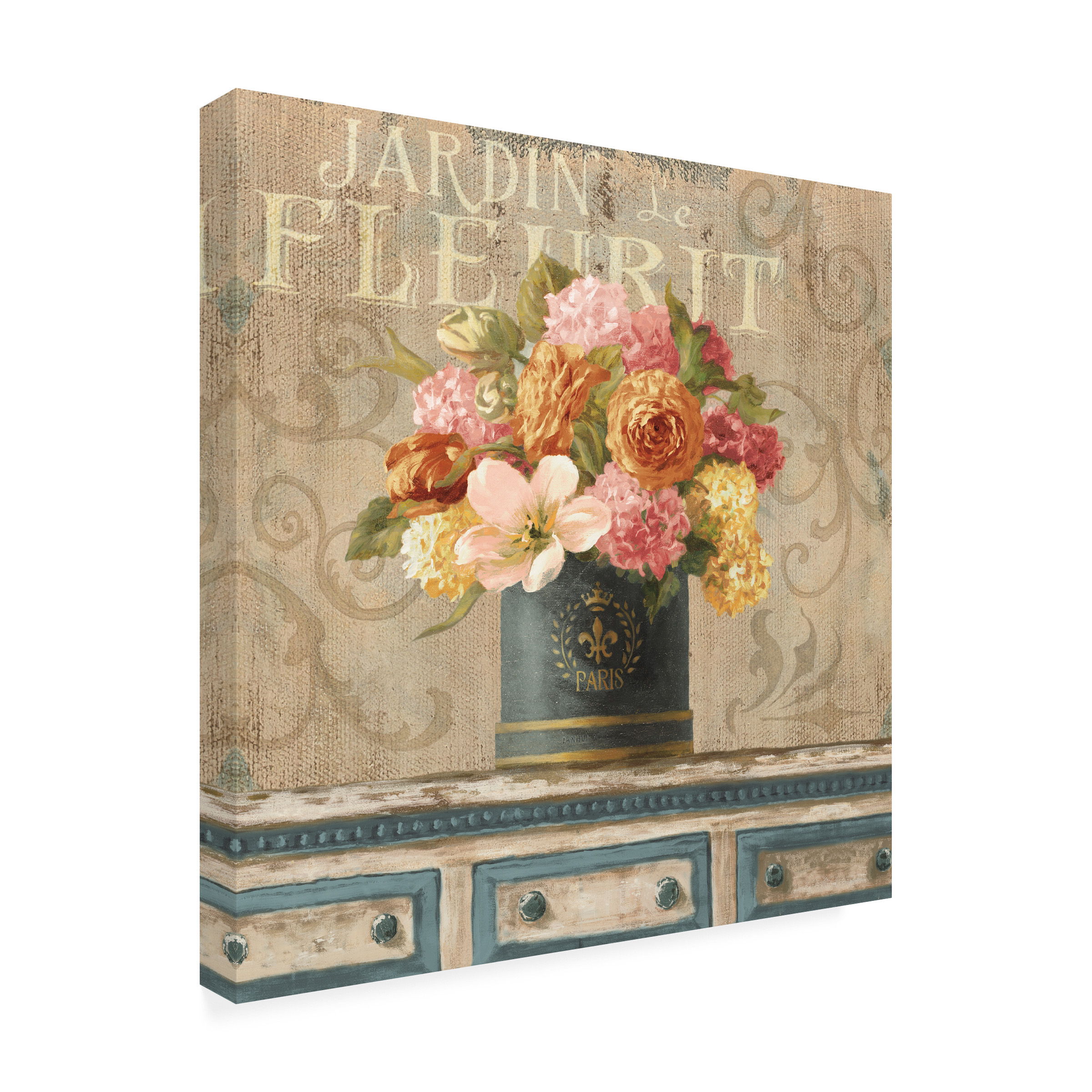 Trademark Fine Art 'Tulips in Teal and Gold Hatbox' Canvas Art by Danhui Nai