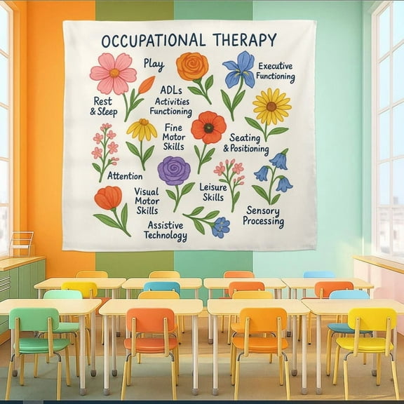 ViciArt Occupational Therapy Tapestry – 30"x40" White Polyester OT Office Wall Banner with Colorful Flower Educational Design