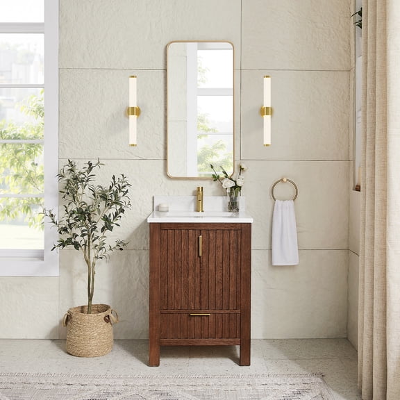 Shenzhen 24" Single Bath Vanity in Aged Dark Brown Oak with Composite Stone Top
