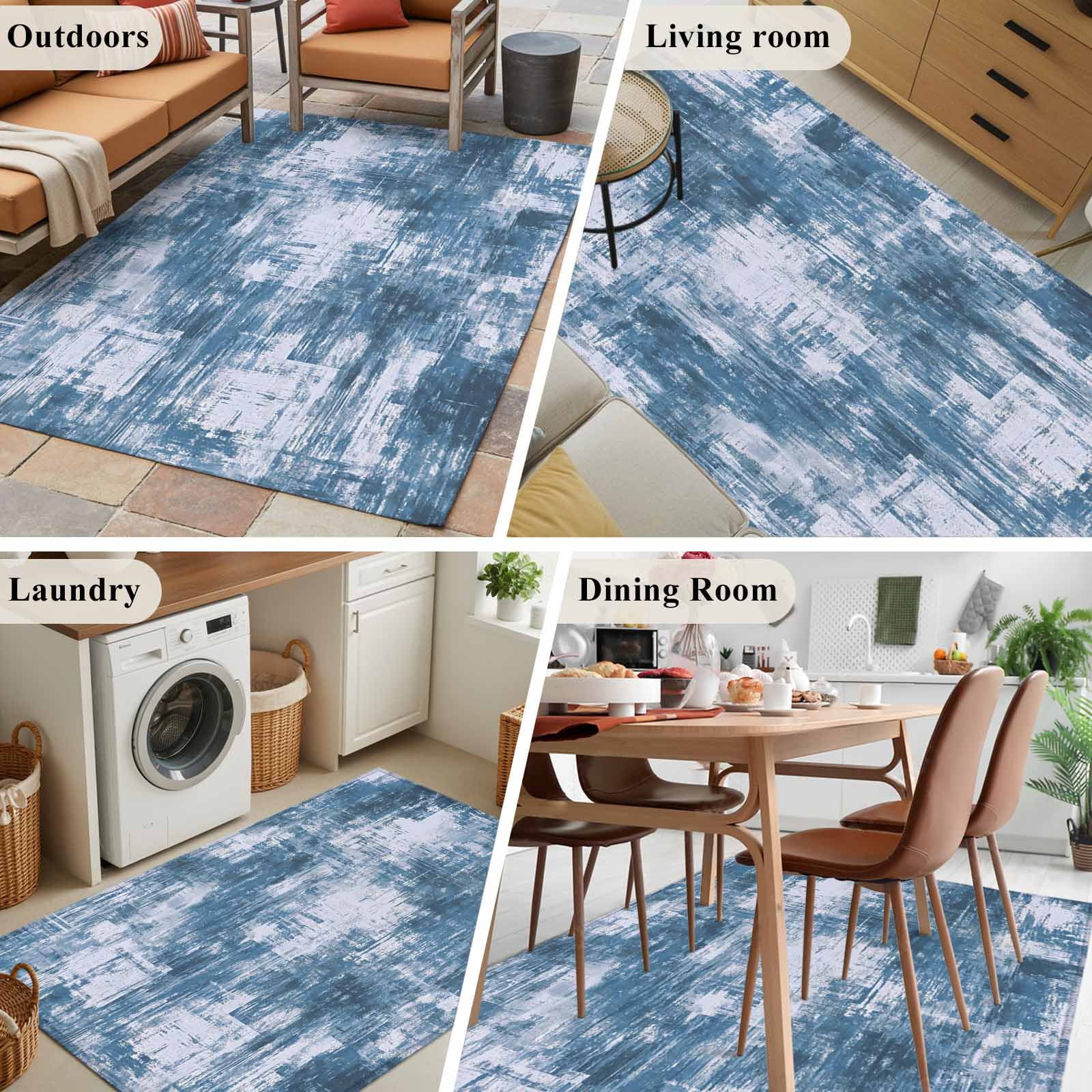 Area Rug for Living Room, Modern Blue Non-Slip Indoor Large Carpet for Bedroom/Dining Room, Vintage Abstract Art Contemporary Washable Low-Profile Rectangle Floor Runner Rugs - 4 x 6 Ft