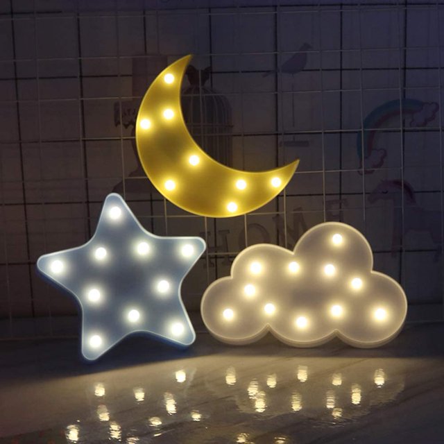 3 piezas de luz LED 3D de noche con forma de luna y estrella de Navidad