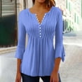 thumbnail image 2 of BiZtdJrK Blouses for Women Dressy Casual 3/4 Bell Sleeve Tops Loose Fit Button V Neck Henley Shirts Solid Color Pleated Tunic Shirts Light Blue XXL, 2 of 6